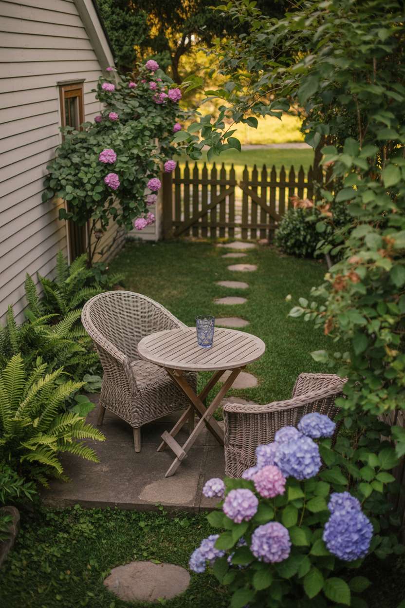 Small wooden patio with rustic table and two wicker chairs surrounded by green ferns and purple hydrangeas, with weathered stone path winding toward picket fence partially covered by climbing roses