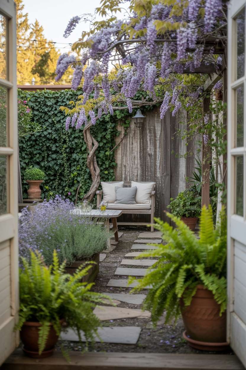 Weathered stone path bordered by lavender bushes and green ferns in terracotta pots, with rustic wooden bench beneath blossoming wisteria vine arch and distressed wooden fence with climbing ivy