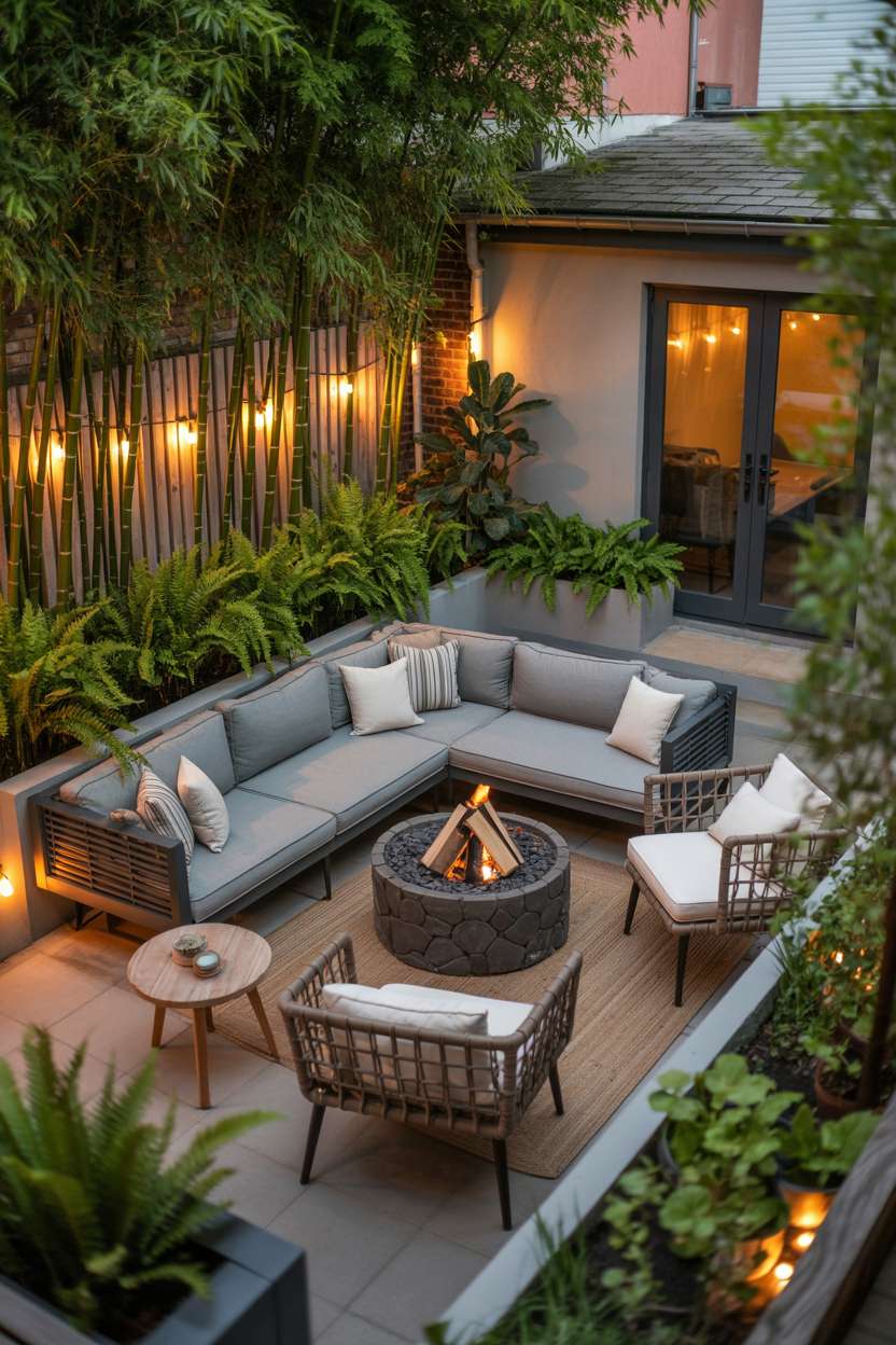 Gray sectional sofa with weathered wood coffee table and two woven armchairs arranged around dark stone fire pit, surrounded by tall bamboo stalks, potted ferns, and herb garden under string lights