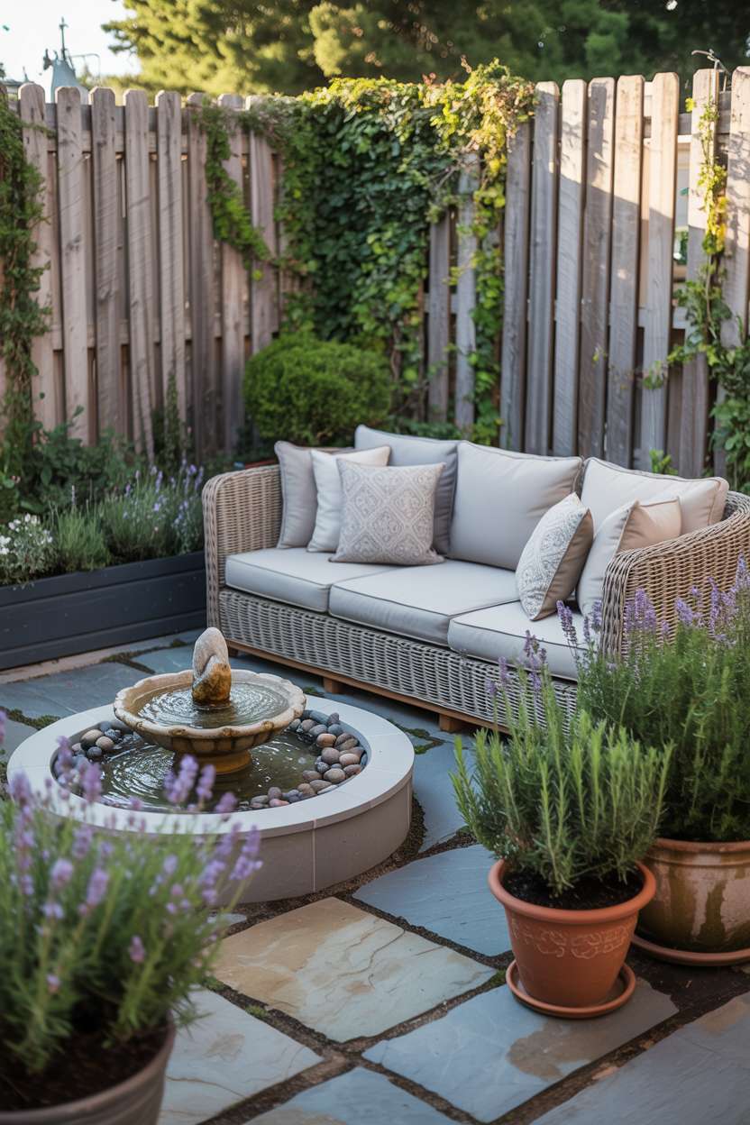 Light grey wicker sofa with patterned cushions on stone patio facing small bubbling fountain with river rocks, surrounded by potted lavender and rosemary plants with weathered wooden fence covered in climbing ivy