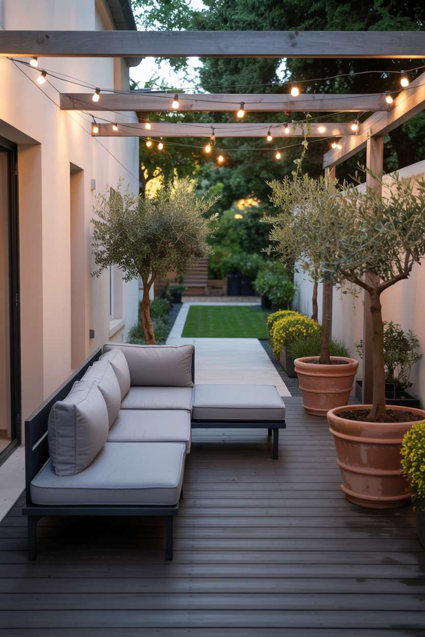 Grey sectional sofa with plush cushions on dark wood deck surrounded by potted olive trees in terracotta planters, with string lights woven through wooden pergola overhead and concrete pathway to manicured lawn