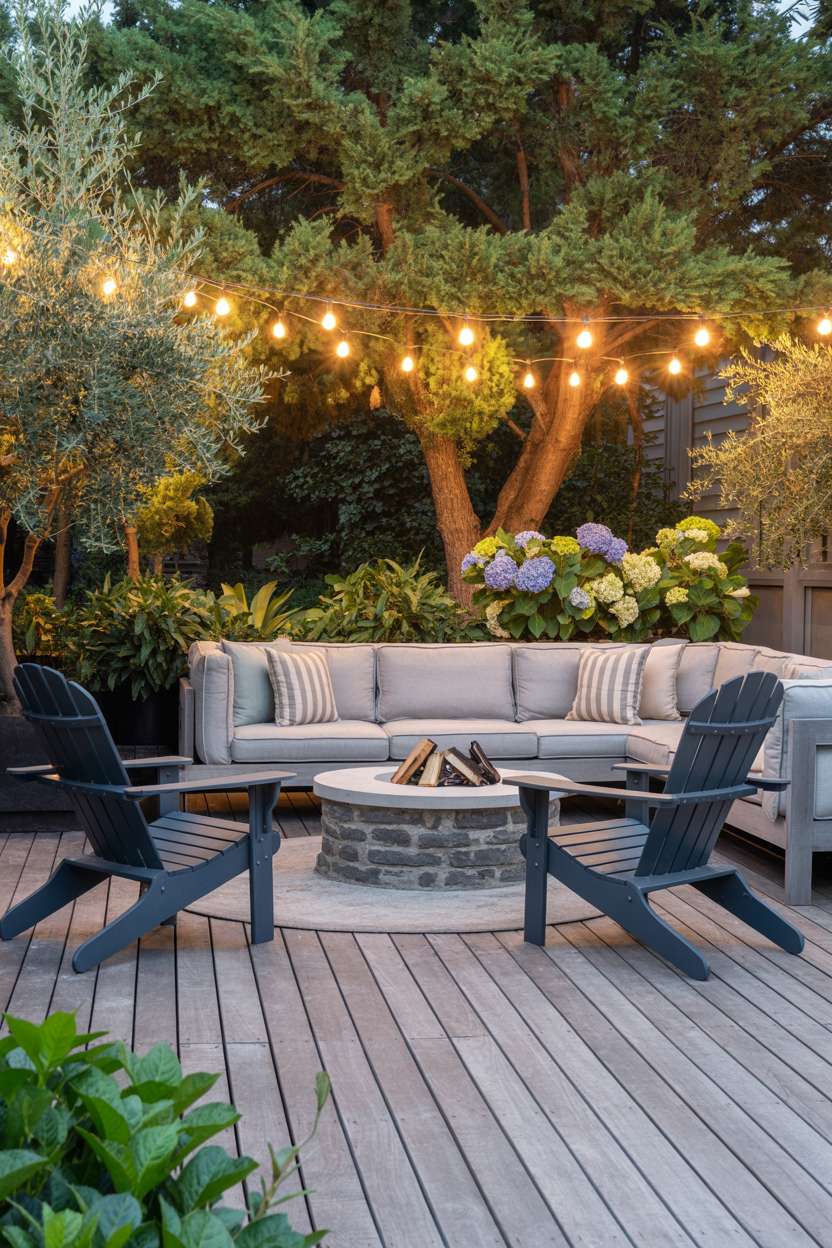 Light grey sectional sofa with patterned throw pillows on weathered wooden deck facing stone fire pit surrounded by dark grey Adirondack chairs, with potted olive trees and hydrangeas creating natural border under string lights
