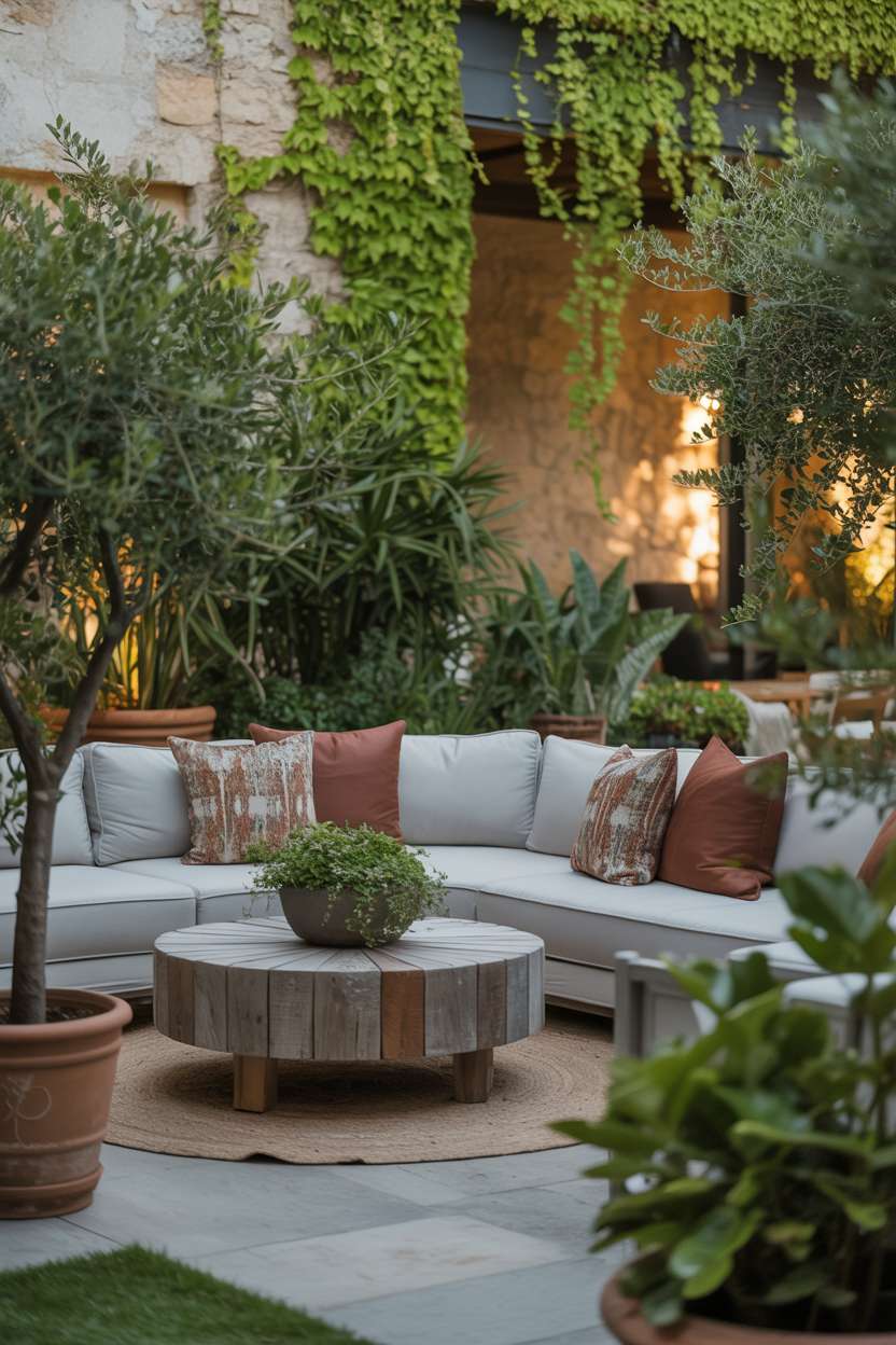 Light gray sectional sofa arranged around low circular coffee table made from reclaimed wood with patterned throw pillows in earth tones, surrounded by potted olive trees and climbing ivy on rustic stone wall