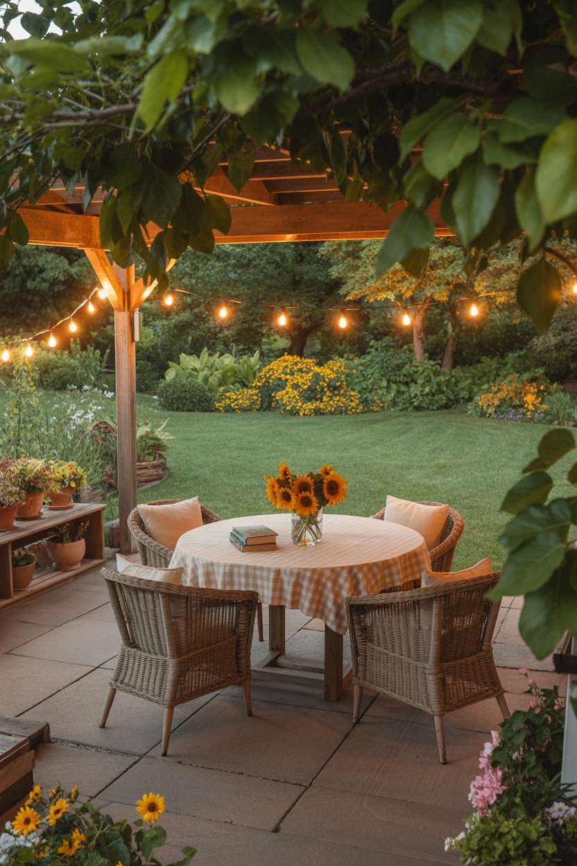 Rustic wooden table with checkered tablecloth, vase of sunflowers and stack of books, surrounded by comfortable wicker chairs on patio with string lights illuminating green lawn and flower beds