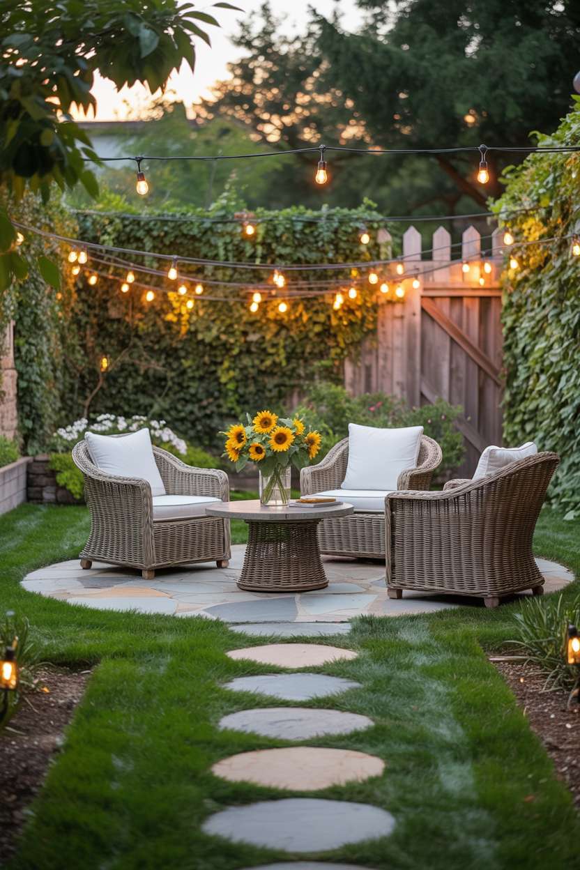 Charming stone patio with comfortable wicker chairs and small wooden table holding vase of sunflowers, surrounded by green grass leading to rustic wooden fence with climbing ivy and string lights