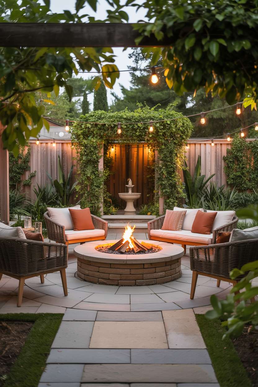 Circular stone patio with crackling fire pit surrounded by comfortable woven chairs and plush outdoor pillows in earthy tones, with lush foliage and climbing vines on wooden fence, string lights and small fountain
