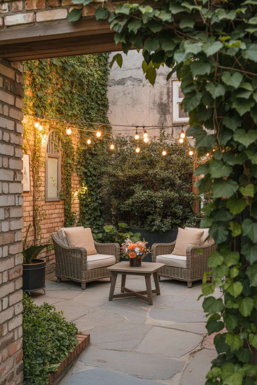 Charming stone patio with comfortable wicker chairs and small wooden table with vibrant floral centerpiece, framed by green foliage with climbing ivy on weathered brick wall and string lights