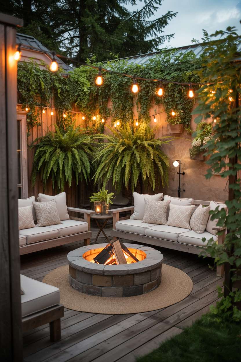 Weathered wooden patio with plush cream-colored cushions and patterned throw pillows arranged around circular stone fire pit glowing with embers, surrounded by green ferns and climbing vines on stone wall under string lights