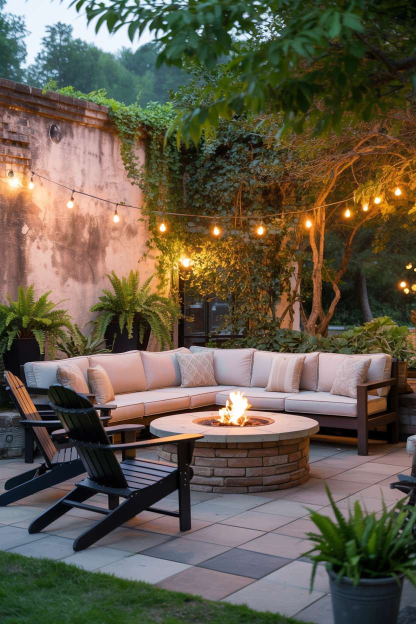 Comfortable plush sectional sofa in neutral beige facing stone fire pit surrounded by Adirondack chairs, with lush greenery including potted ferns and climbing vines on weathered brick wall under twinkling string lights