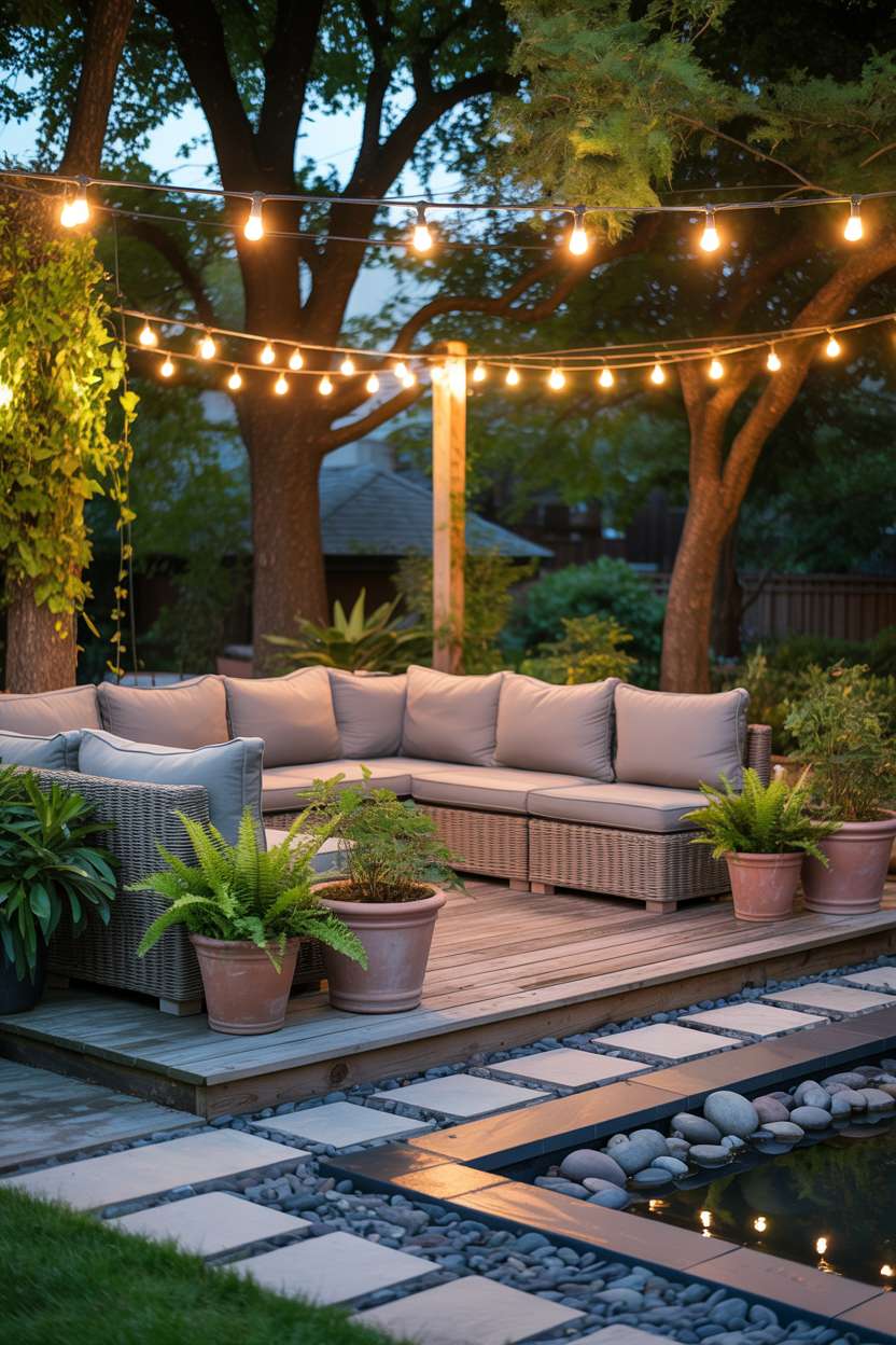 Deep-seated sectional sofa with plush grey cushions on weathered wooden patio with terracotta planters filled with green ferns and trailing ivy, string lights overhead casting glow on flagstone pathway leading to water feature with river stones