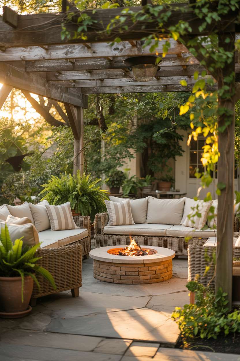 Comfortable seating area with plush cream-colored cushions and woven rattan furniture arranged around stone fire pit with glowing embers, surrounded by potted ferns and climbing vines on weathered wooden pergola
