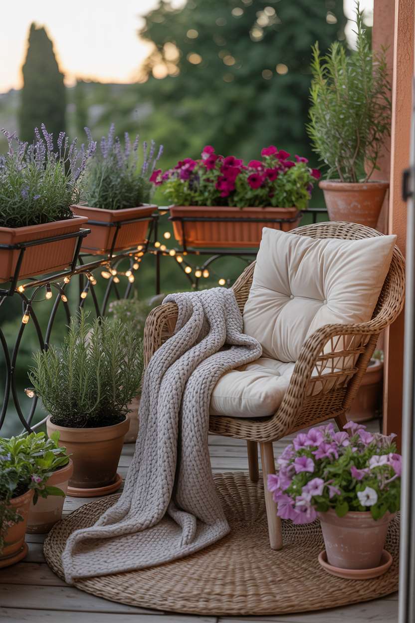 Wicker chair with cream cushions on balcony overlooking blooming garden with potted herbs and string lights