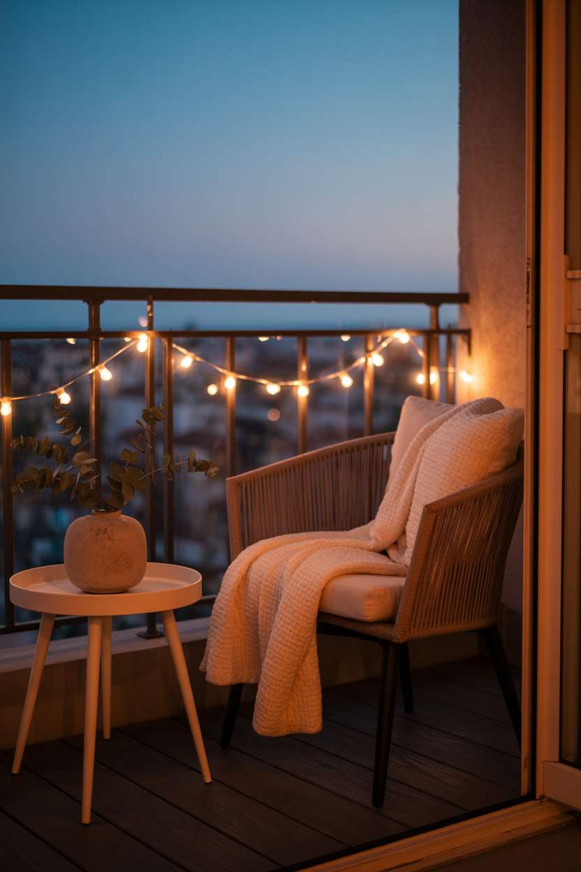 Woven armchair with cream throw on balcony overlooking twilight cityscape with fairy lights and eucalyptus