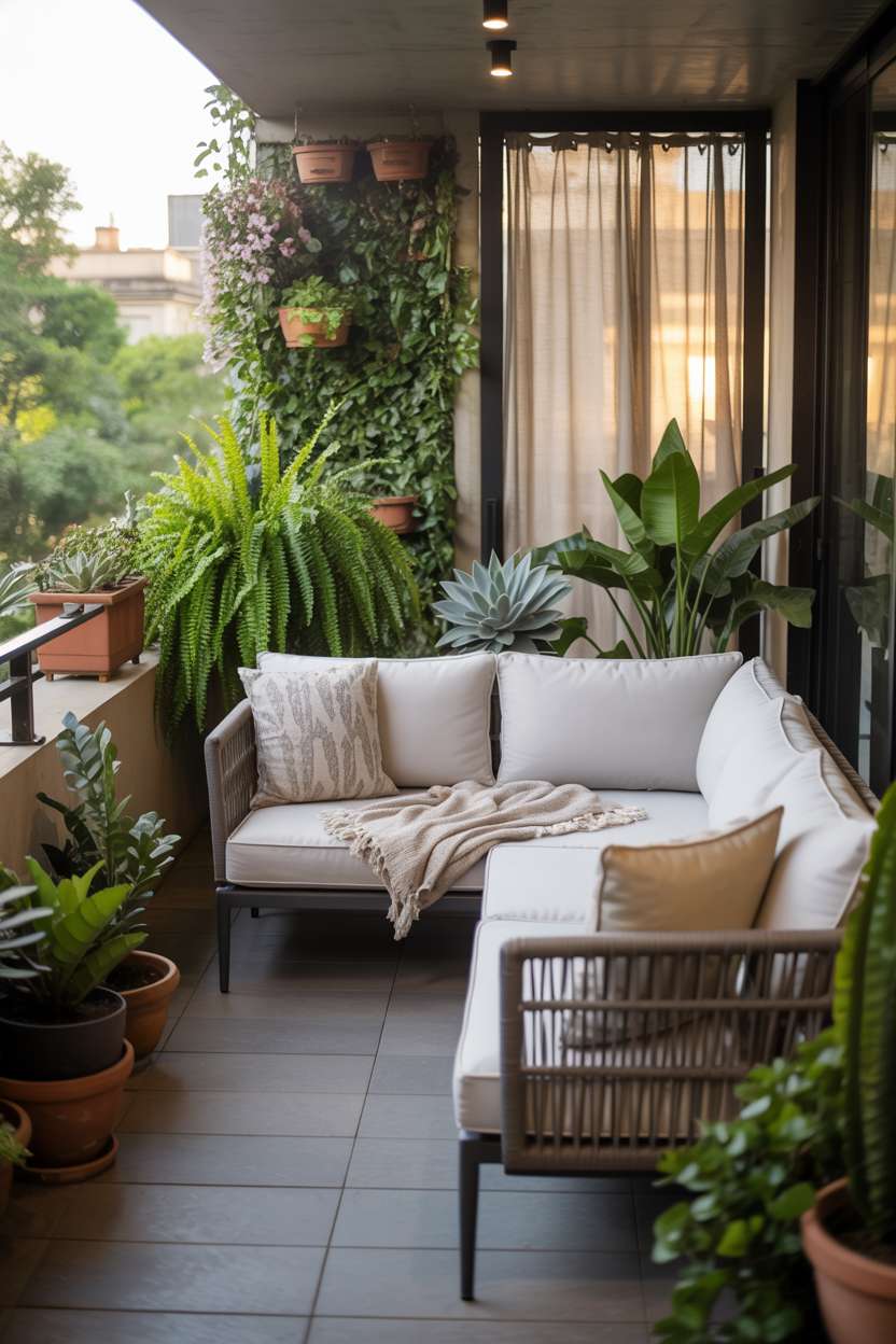 Grey sectional sofa with white cushions surrounded by potted plants and ferns on modern balcony