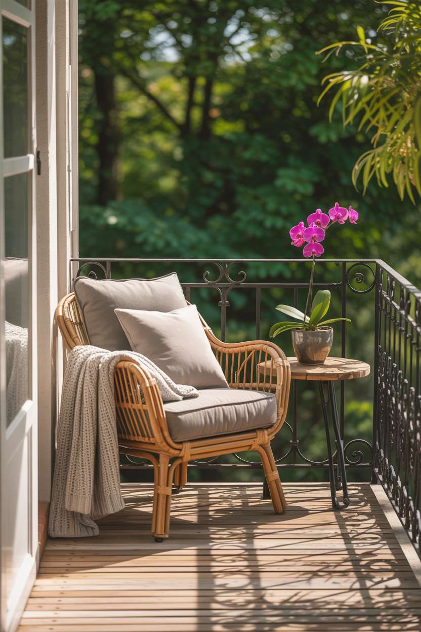 Rattan armchair with grey cushions and pink orchid on balcony with wrought iron railing overlooking garden