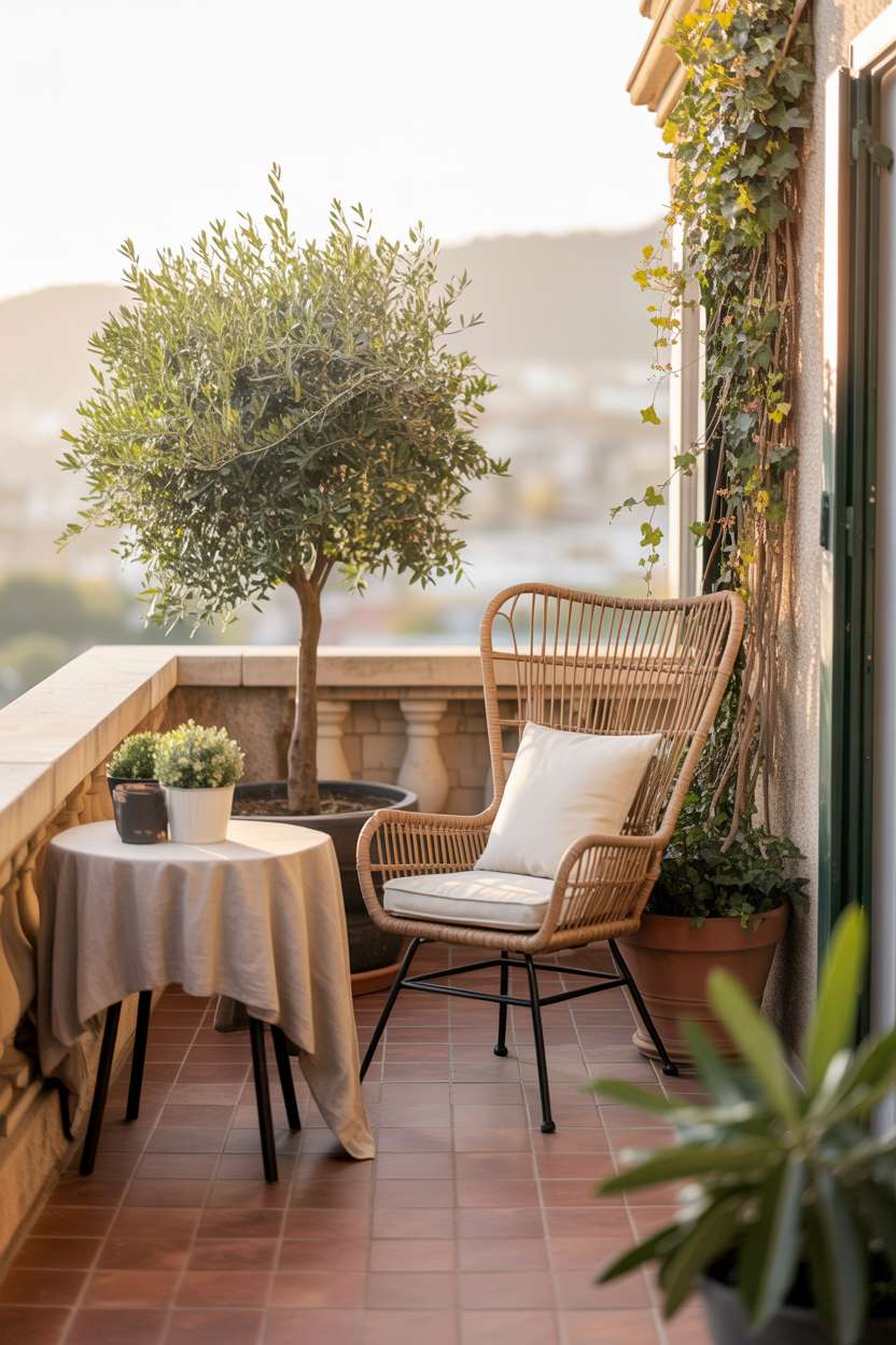Wicker chair with olive tree and climbing ivy on balcony with stone wall and linen tablecloth