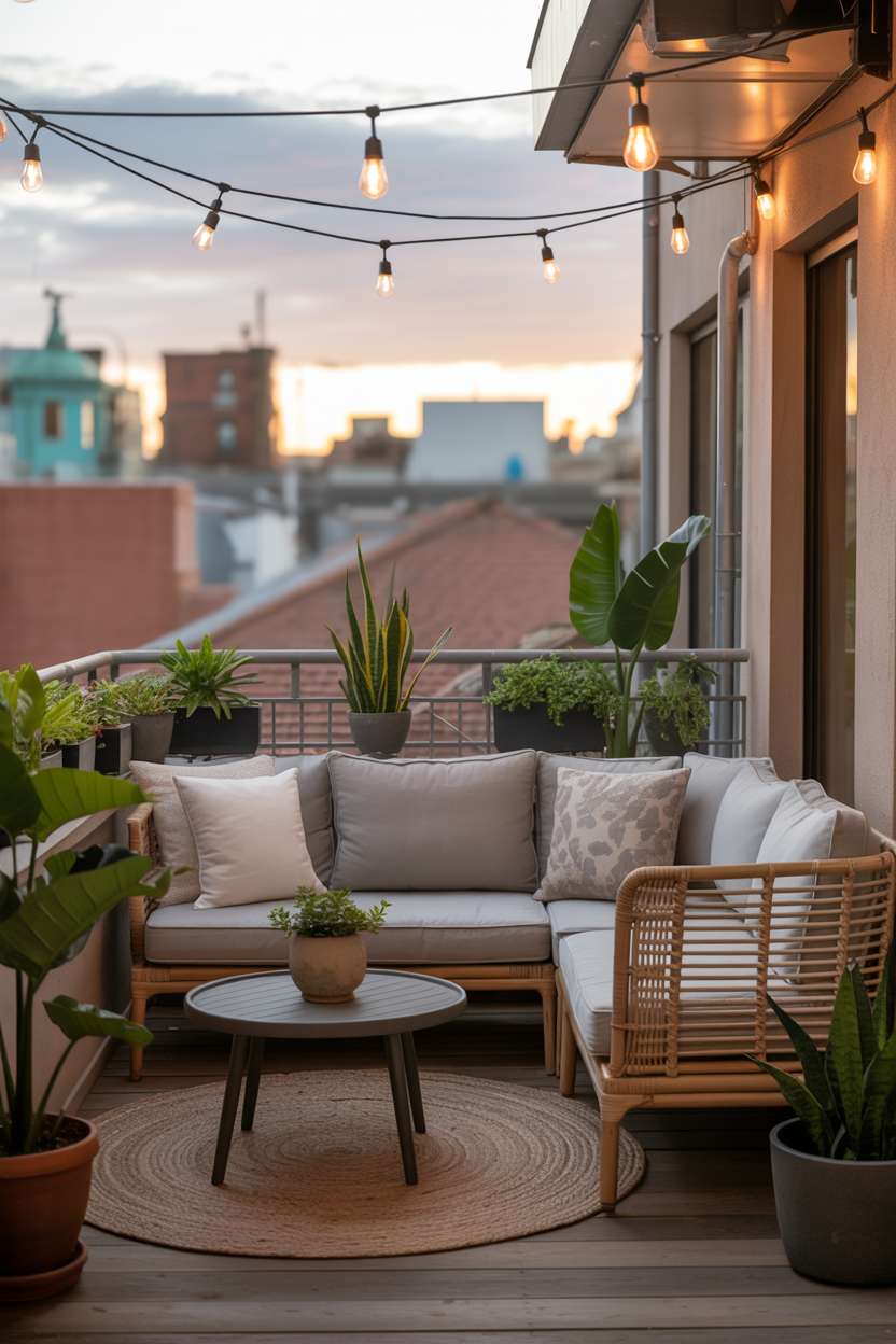 Rattan sectional sofa with grey cushions and string lights on balcony overlooking sunset cityscape
