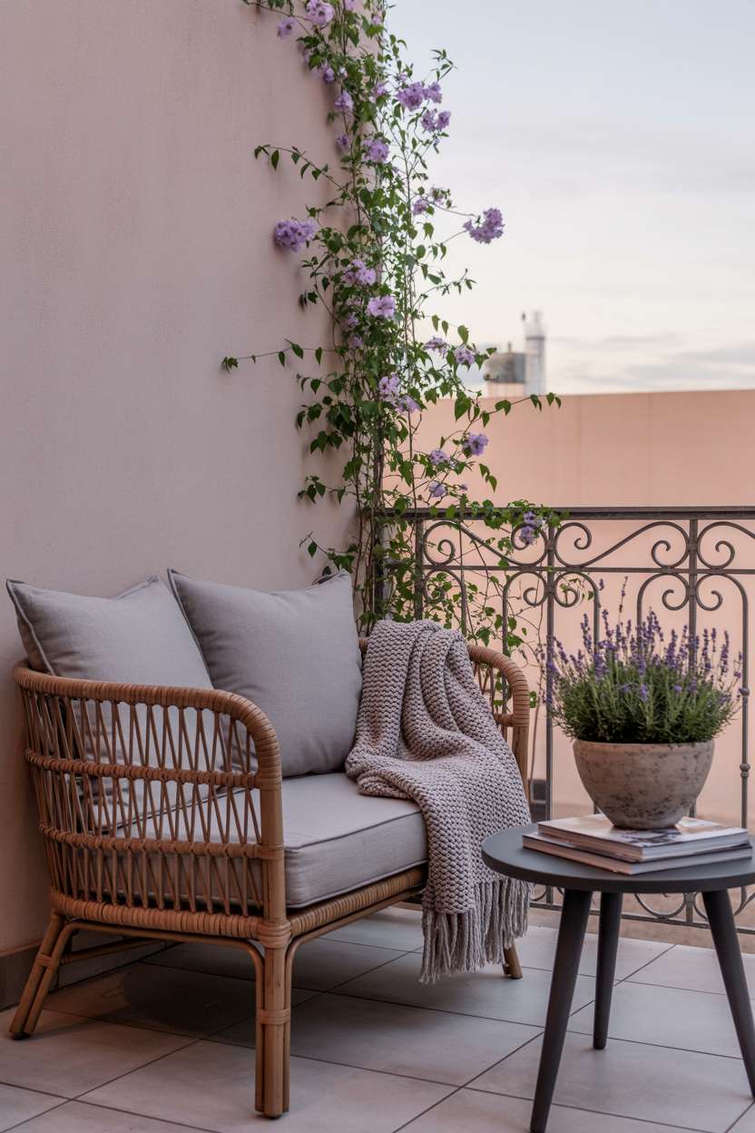 Rattan sofa with grey cushions and lavender pot on tiled balcony with jasmine trailing down railing