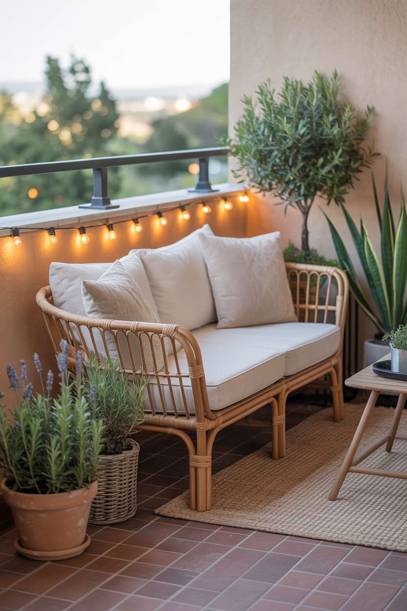 Rattan sofa with cream cushions and potted plants on balcony with fairy lights and woven rug