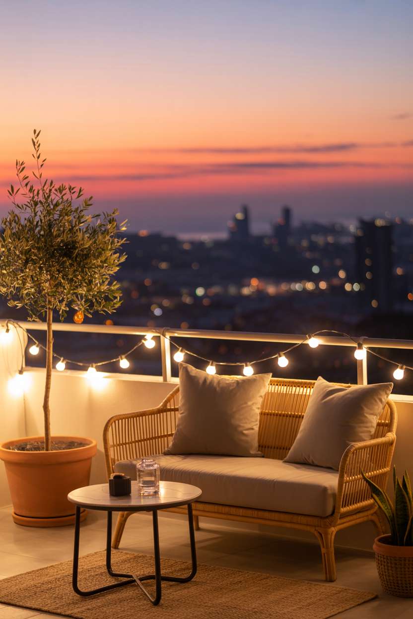 Rattan sofa with grey cushions and olive tree on balcony overlooking twilight cityscape with string lights