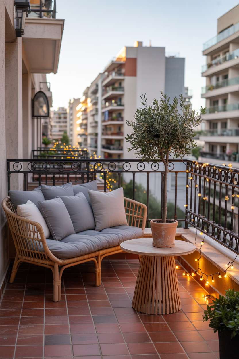 Rattan sofa with grey cushions and potted olive tree on balcony with fairy lights and terracotta tiles