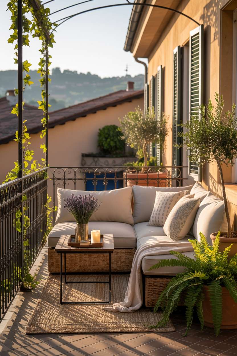 Cream sectional sofa with patterned pillows on balcony with ivy-covered railings overlooking European street