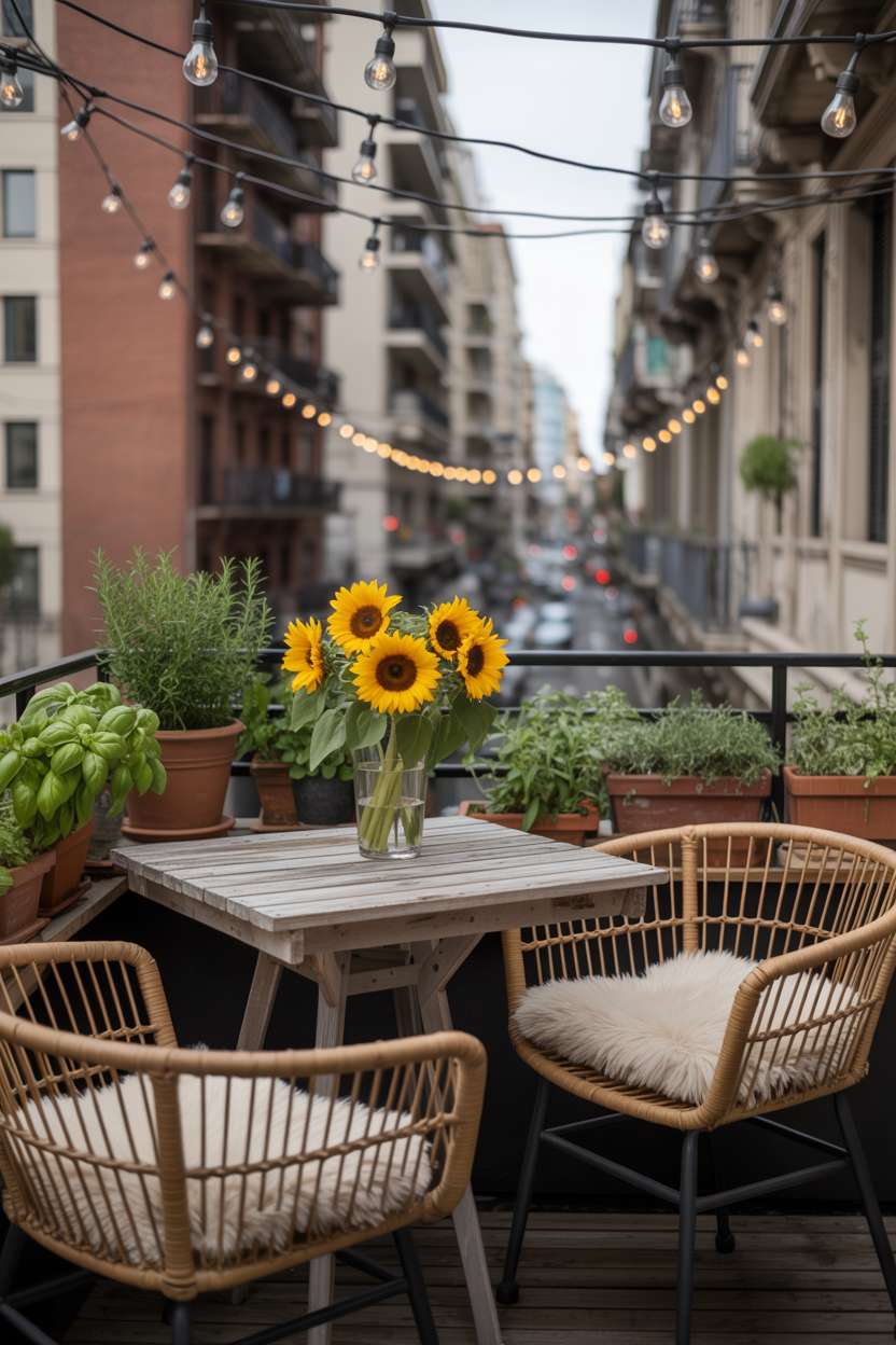 Weathered wooden table with sunflowers and rattan chairs on balcony with potted herbs and fairy lights