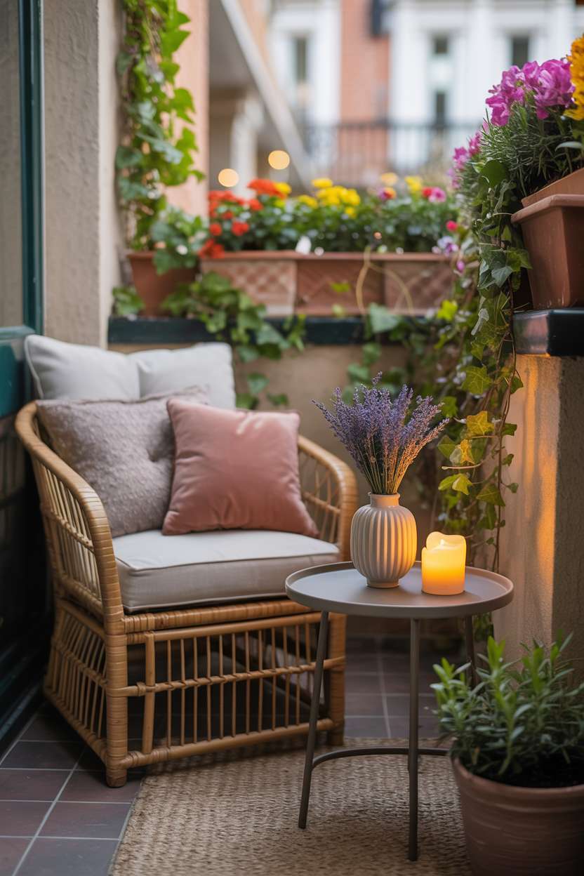 Rattan chair with earthy cushions and lavender vase with candle on balcony overlooking urban garden