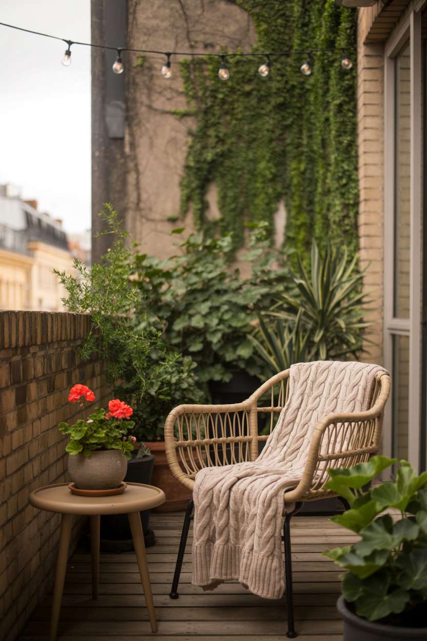 Rattan armchair with cream throw on balcony with brick wall, climbing ivy, and red geranium