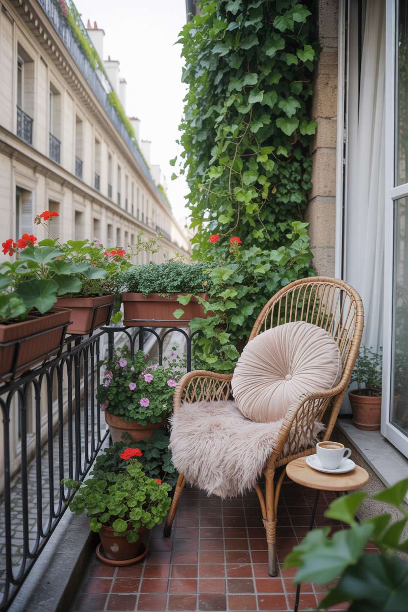 Vintage wicker chair with cream cushion and coffee cup on balcony overlooking cobblestone street with cascading ivy