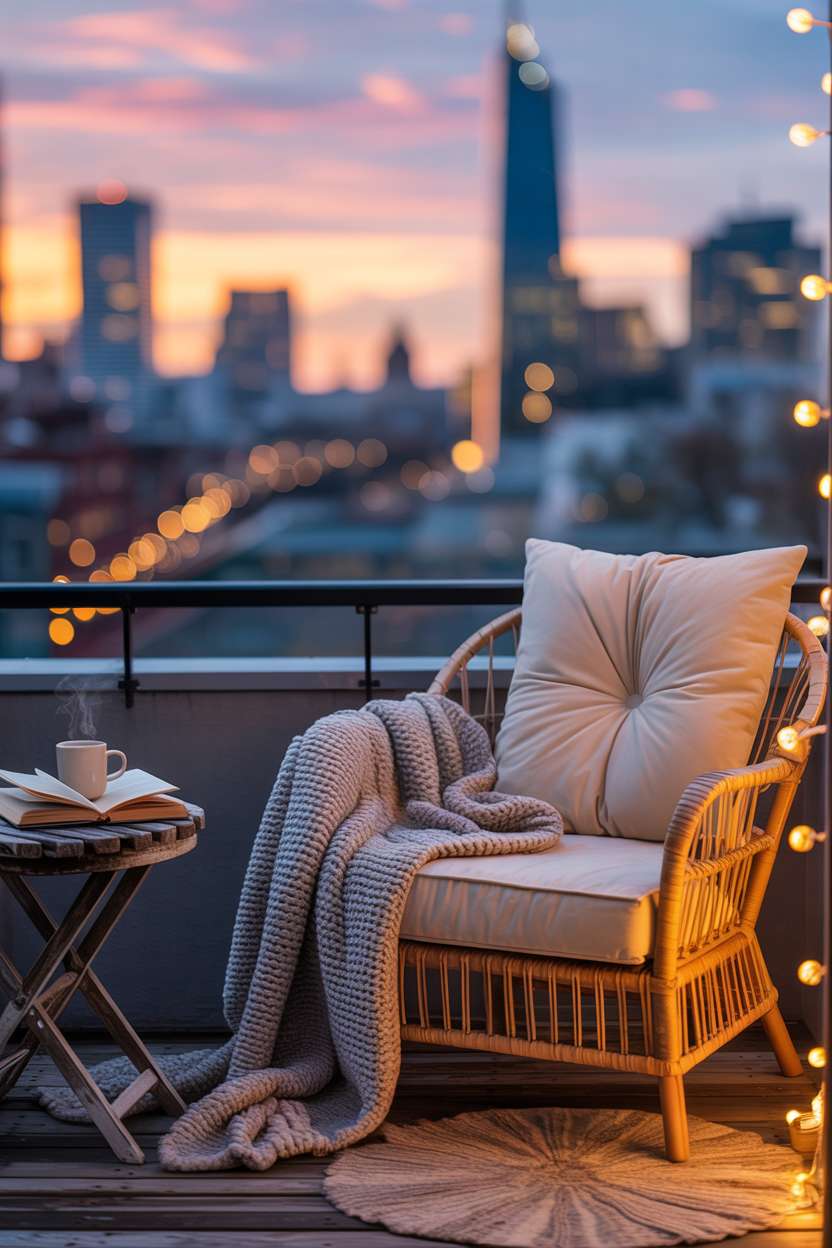 Wicker chair with cream cushion and grey blanket on balcony overlooking cityscape at dusk with fairy lights