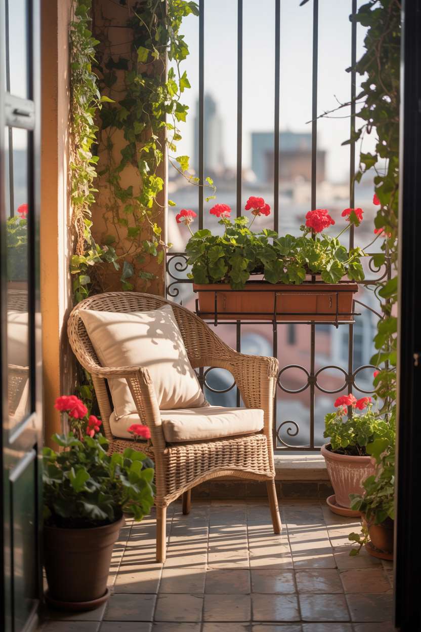 Wicker chair with cream cushion on stone-tiled balcony with ivy and geraniums overlooking cityscape