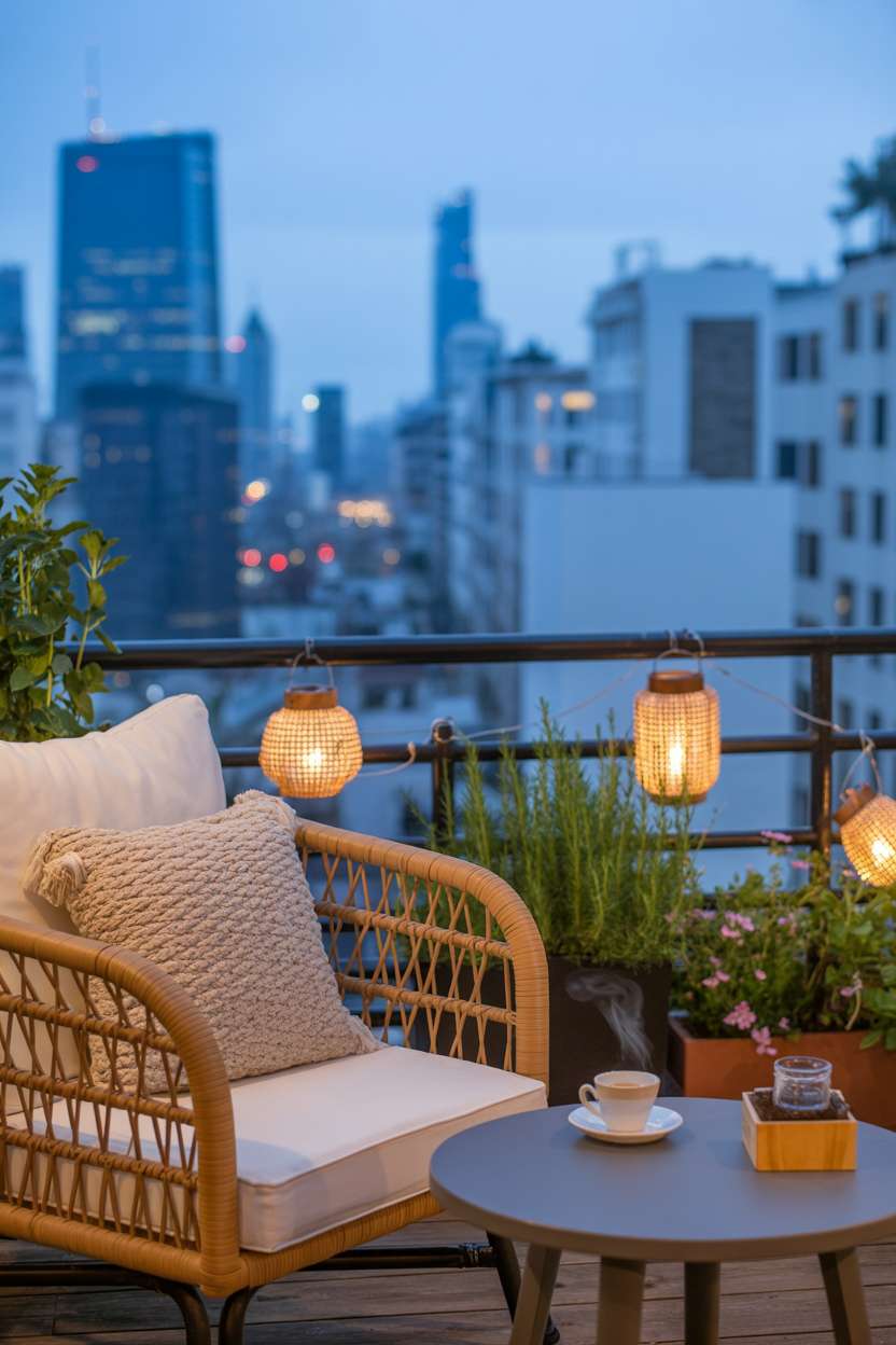 Rattan armchair with cream and grey cushions on balcony with woven lanterns and herbs overlooking city lights