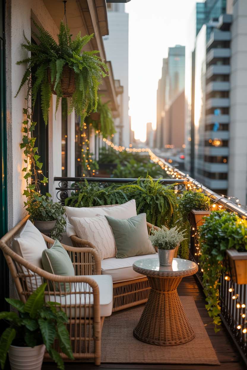 Wicker loveseat with cream and sage cushions on balcony with hanging plants and fairy lights overlooking cityscape