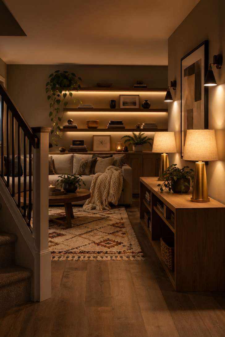 A warm basement living area with layered table lamps, wall sconces, and under-shelf LED lighting in a golden amber tone.