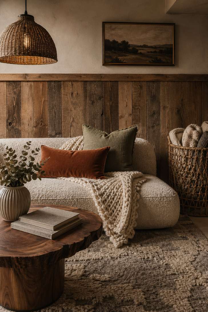 A texture-rich basement scene with boucle sofa, reclaimed wood wall, chunky knit throw, velvet and linen pillows, wool rug, and woven rattan accents.