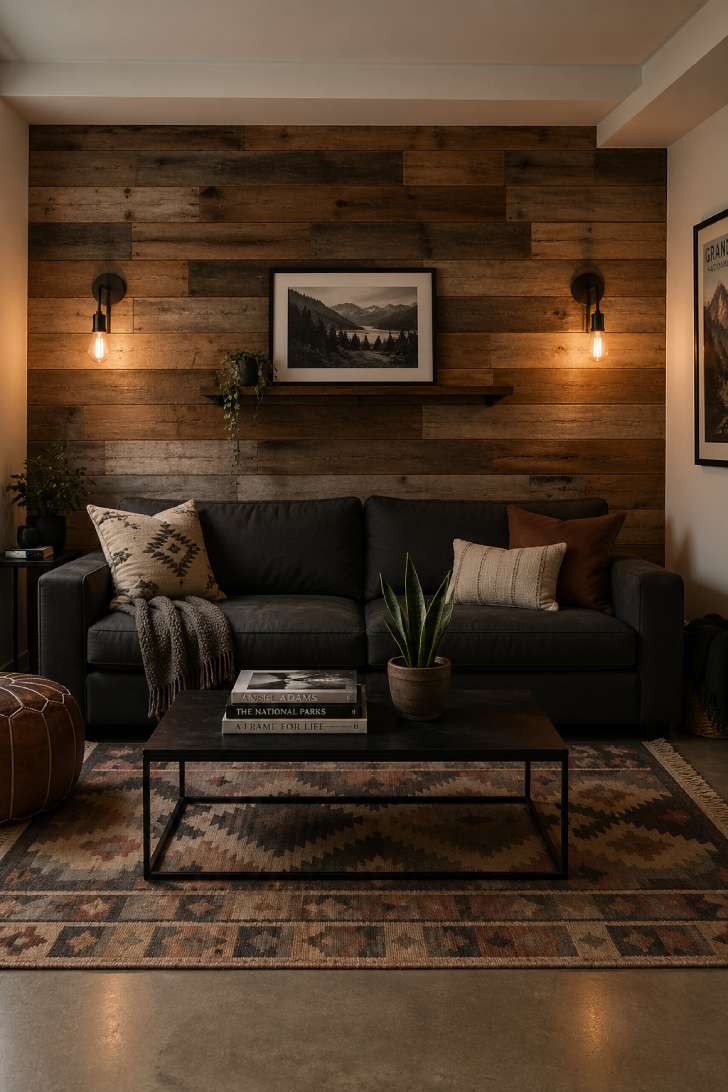 A basement focal wall covered in reclaimed wood planks of varying natural tones, with a charcoal linen sofa, black sconces, and a kilim rug on polished concrete.