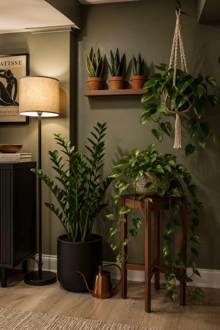 A basement corner with a ZZ plant, trailing pothos on a wooden stand, snake plants on a floating shelf, and a hanging philodendron against a sage green wall.