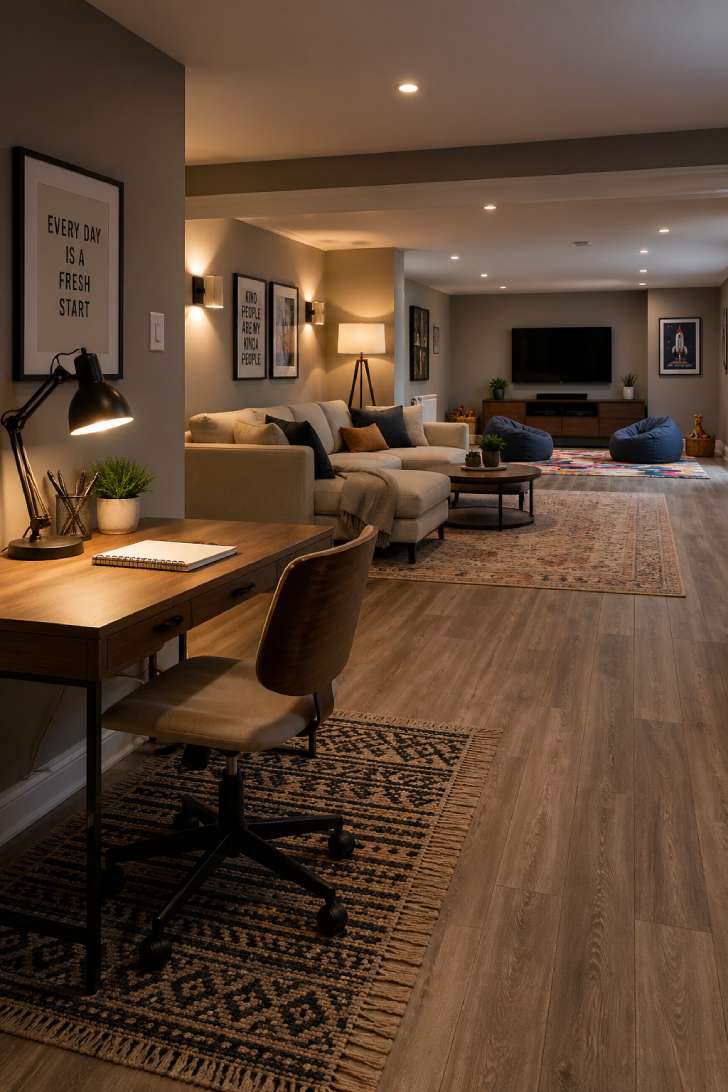 An open-plan basement divided into three zones with distinct rugs, furniture groupings, and lighting: a workspace, a lounge, and a kids' media area.