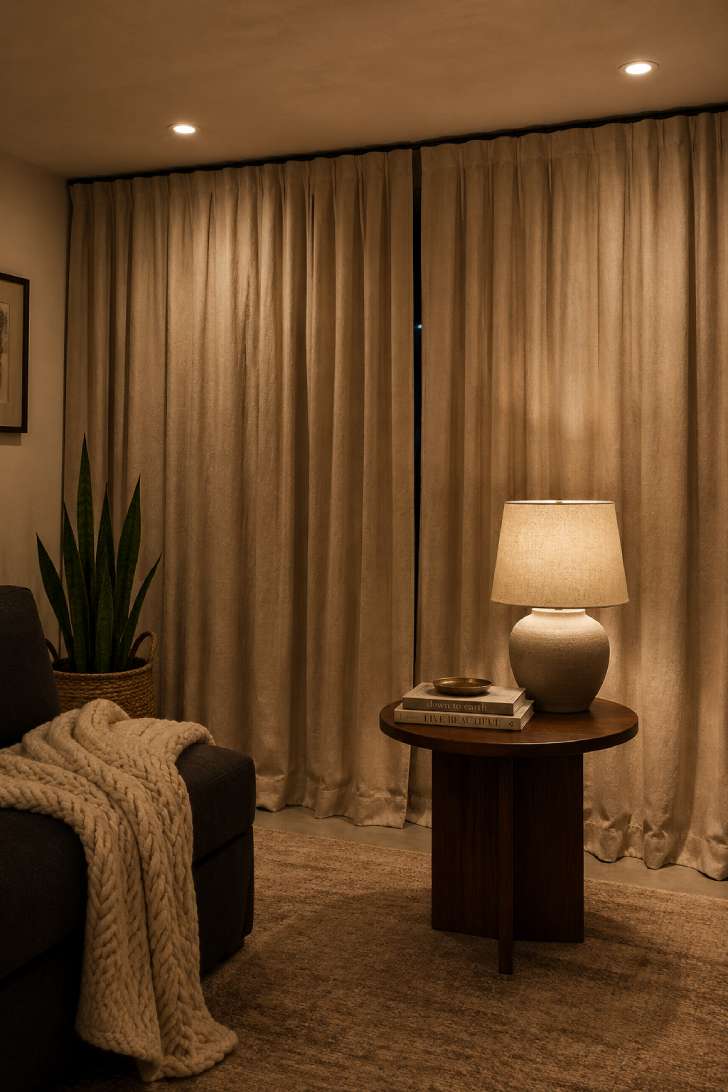 Floor-to-ceiling natural linen curtain panels covering a windowless basement wall, with a walnut accent table, ceramic lamp, and charcoal sofa edge visible.