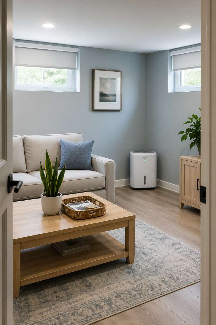 A bright, clean basement living area with a light gray sofa, white oak table, and a compact white dehumidifier in the corner, looking fresh and dry.
