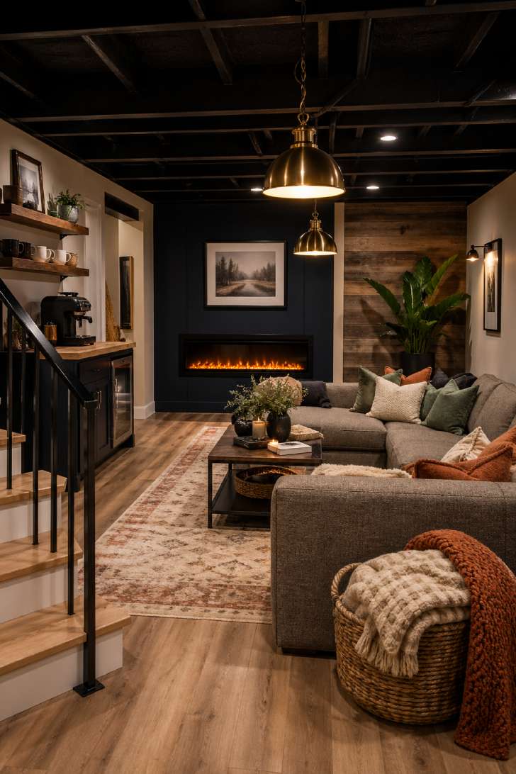 A fully styled cozy basement with navy accent wall, reclaimed wood, electric fireplace, gray sectional with textured throws, painted black exposed ceiling, brass pendants, coffee bar, and warm layered lighting throughout.