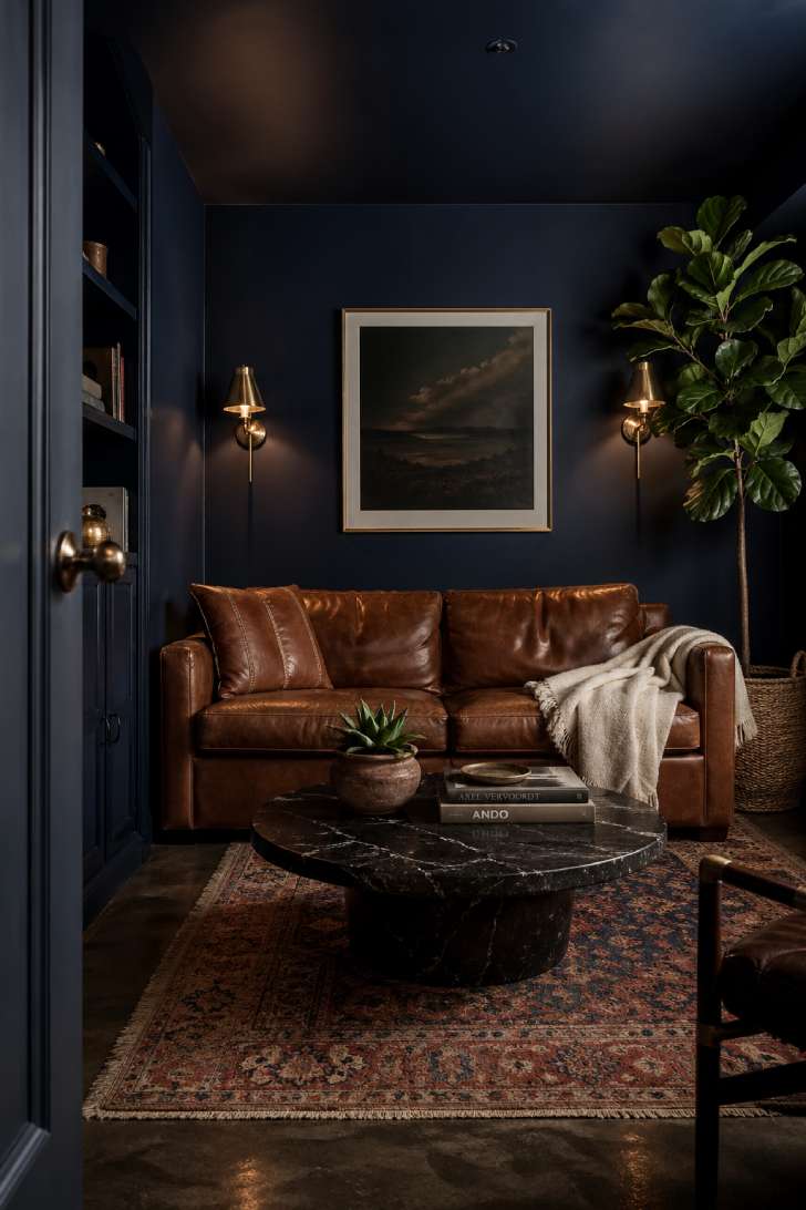 A navy-painted basement room with cognac leather sofa, gold sconces, antique Persian rug, and moody club-like atmosphere.