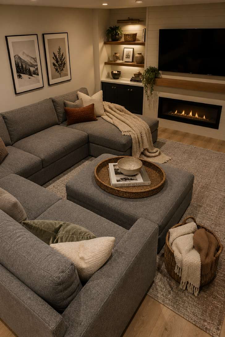 An oversized U-shaped gray sectional loaded with textured throw pillows, a knit blanket, and a woven basket of extra throws in a warm basement.
