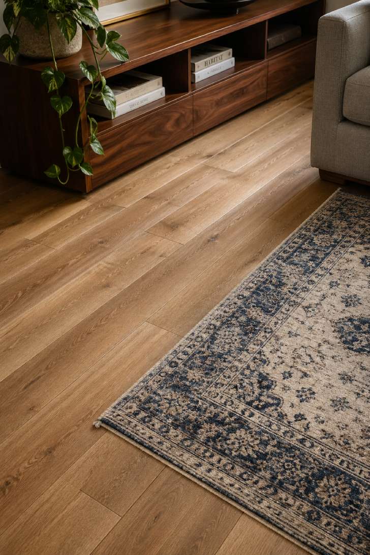 Close-up of warm honey-oak luxury vinyl plank flooring meeting an indigo area rug in a basement, with a bare foot at the rug's edge.