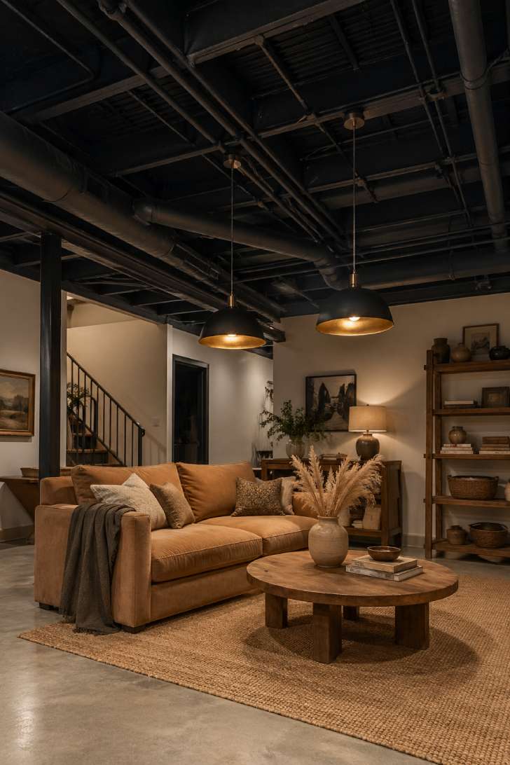 ge 6] Alt text: A basement with a matte black painted exposed ceiling showing joists and ductwork, warm furnishings below, and brass pendant lights hanging down.