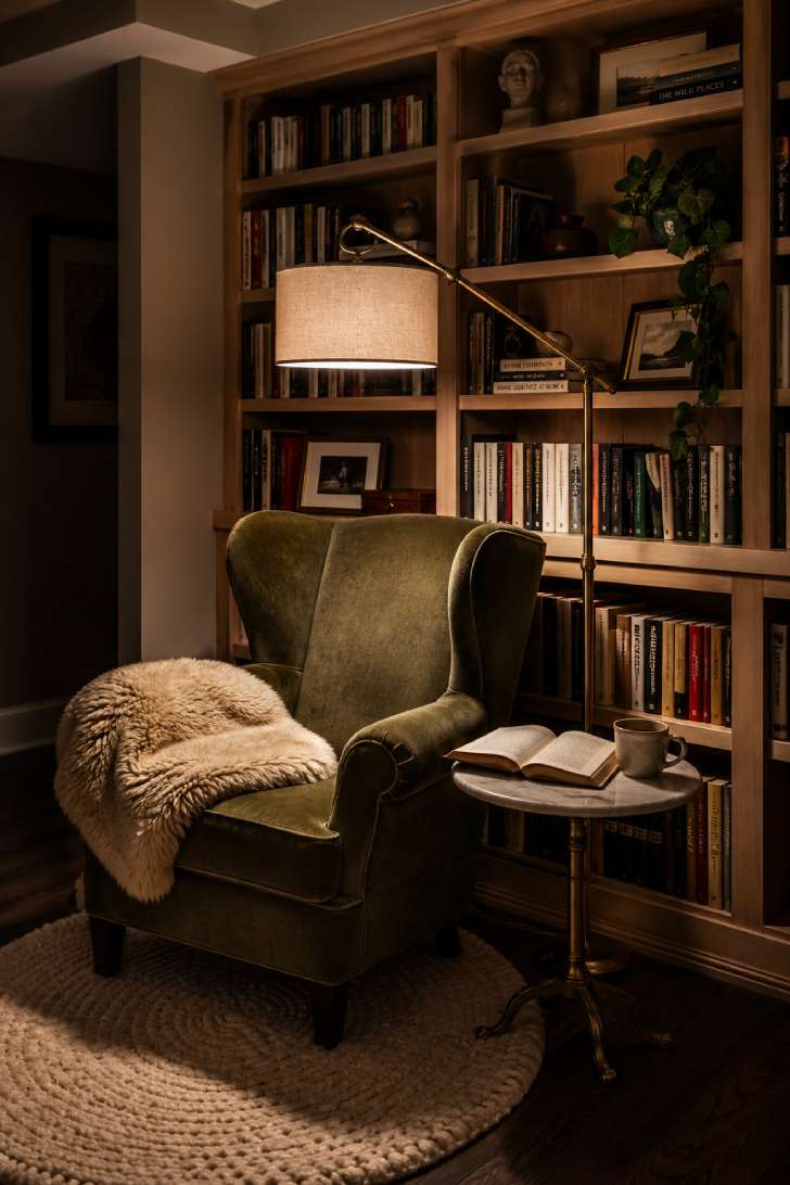 A velvet wingback chair in olive green tucked into a basement corner with floor-to-ceiling oak bookshelves, a brass floor lamp, and a sheepskin throw.