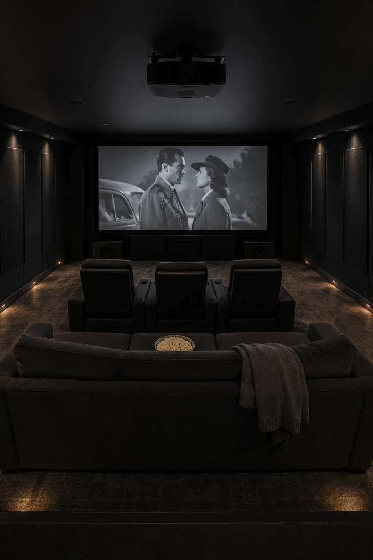 A two-row basement home theater with dark reclining seats, a large projection screen, charcoal acoustic panels, and dim amber aisle lighting.