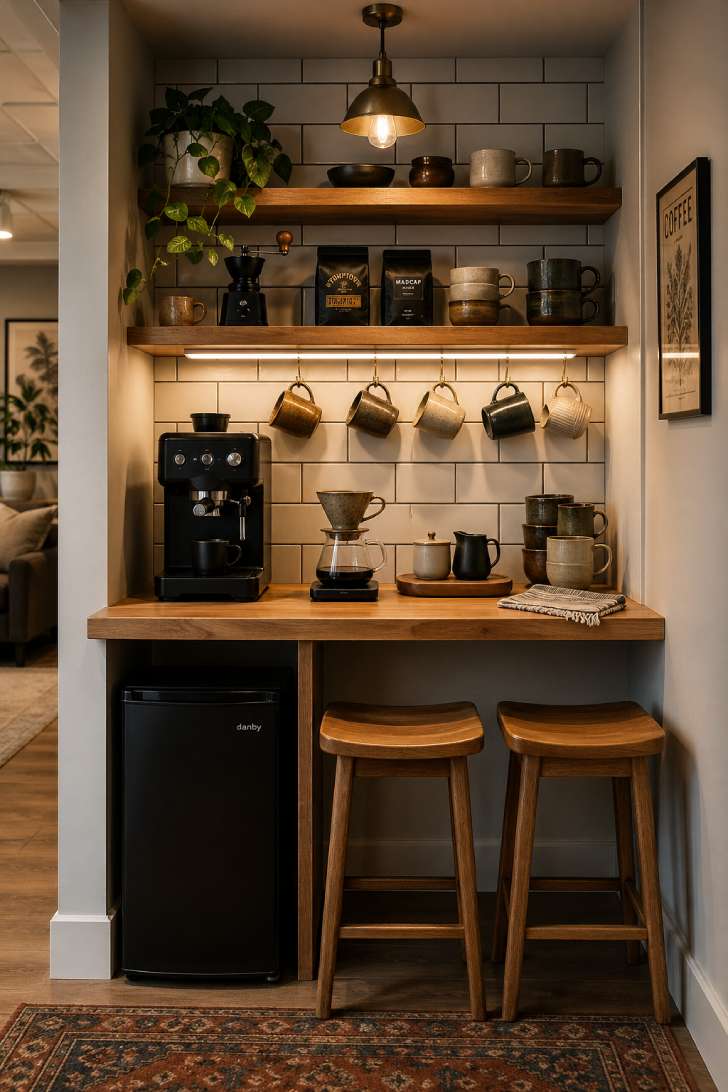 A compact basement coffee station with butcher-block counter, espresso machine, stoneware mugs on floating shelves, and two oak counter stools.