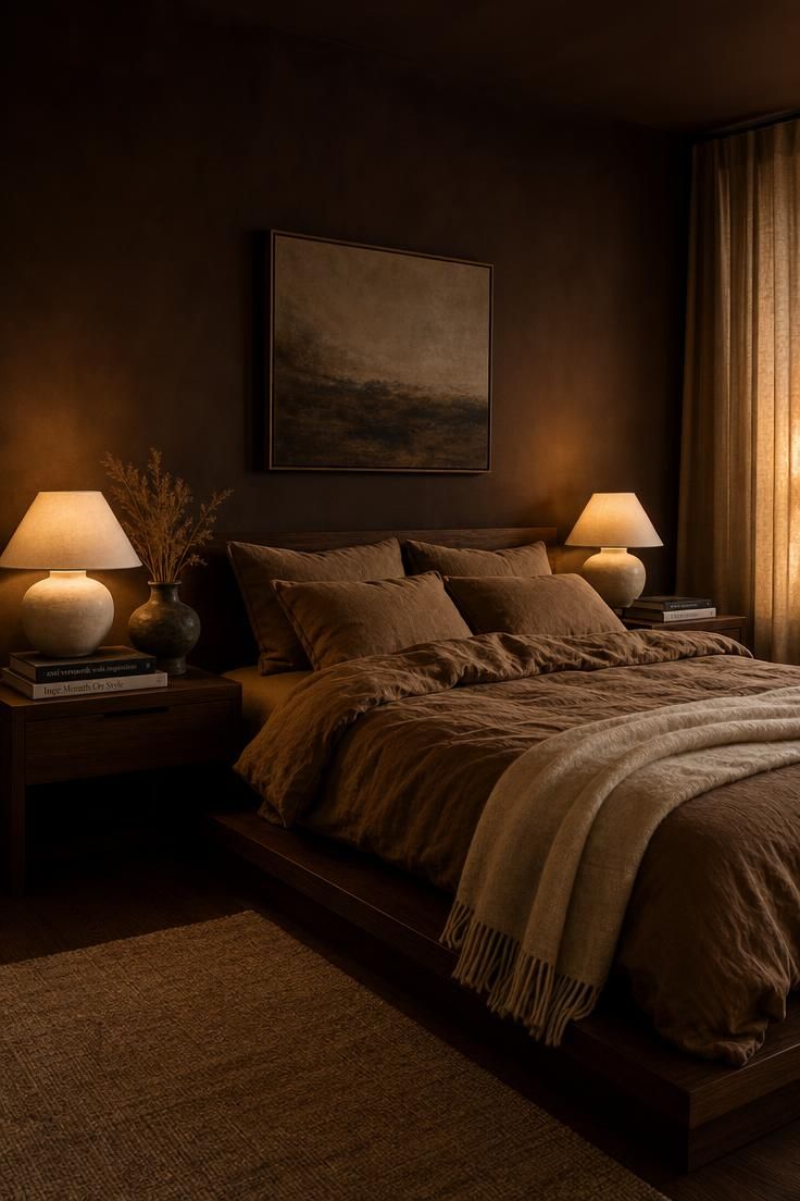 Cozy bedroom with chocolate brown walls, toffee linen bedding, and bone ceramic lamps in low evening light.